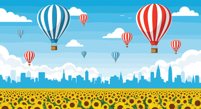 Colorful hot air balloons fly over a vast field of sunflowers with a distant city skyline under a clear blue summer sky.