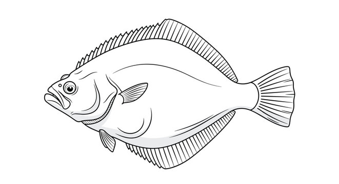 Detailed line art illustration of a flatfish like a flounder or halibut is shown in a clean black and white biological drawing.