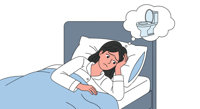 Stressed woman lies in bed unable to sleep while thinking about a toilet due to health issues or frequent urination concerns.