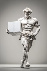 Obraz premium Ancient Greek style marble statue holding a smartphone and posing for a selfie, minimalist Cloud Dancer palette, ideal for social media campaigns, tech articles, and creative branding projects