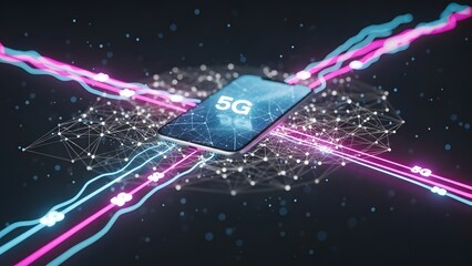 5G high speed mobile network connection on smartphone. Wireless communication and global data transfer. Smartphone on desk with glowing network nodes and signal lines