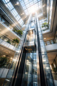 Modern glass elevator in a bright, open atrium space