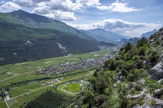 View of the Sarca Valley with the village of Dro, Garda Mountains, Arco, Trentino-Alto Adige, Italy