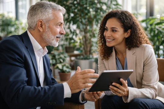 Business professionals discussing ideas while using a tablet in office - Powered by Adobe