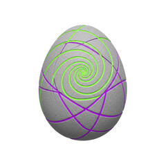 A Grey Easter Egg with a Swirling Spiral Pattern of Neon Green and Purple Lines on a White Background