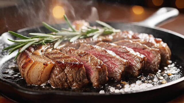 Juicy beef steak slices lie seared in a hot skillet, pink center, salt crystals glistening and warm