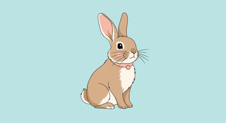 Fototapeta premium Adorable illustration of a brown rabbit with a pink collar sitting peacefully on a solid pastel blue background for pet and animal themes.