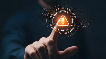 Cyber security alert and digital threat notification. Risk management and firewall protection. Businessman touching a glowing warning icon on a virtual interface