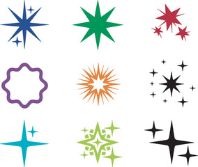 Fototapeta premium Collection of colorful abstract star shapes and decorative elements isolated