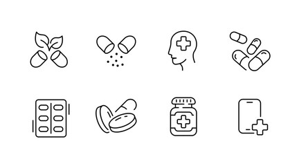 Medical icons: pills, capsules, head with health cross, medicine bottle