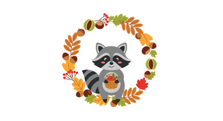 Naklejka premium Cute raccoon holding a basket of apples inside a circular wreath of autumn leaves, acorns, and chestnuts on white.