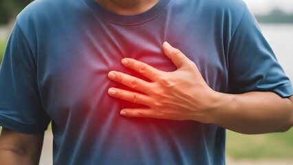 Heart attack symptoms and cardiovascular health emergency. Chest pain and medical crisis. Man holding his chest in pain while standing outdoors