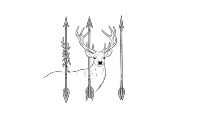Artistic black and white line drawing of a male deer with large antlers positioned behind three vertical decorative arrows.