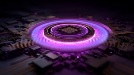 Exploration of a luminous AI processing core with purple layers in a digital environment