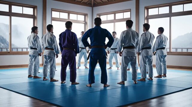 Judoka Group Standing Together in Indoor Training Dojo