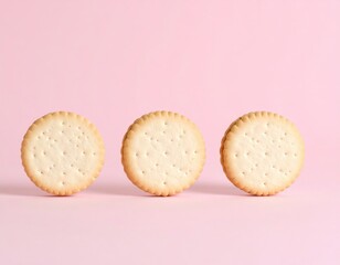 Three Round Cream Filled Biscuits Lined Up On A Soft Pink Background With Soft Lighting