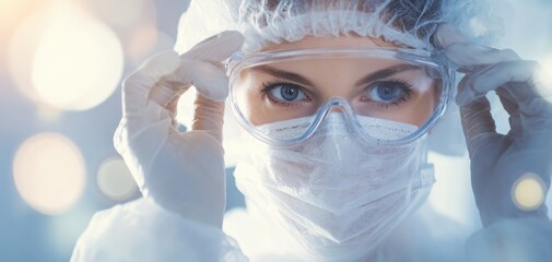 The healthcare worker in protective gear adjusting goggles in a sterile laboratory environment
