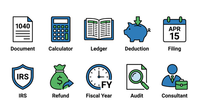 Tax and accounting icons. Financial vector collection. 1040 form, calculator, ledger, deduction, IRS, refund, audit, consultant. Business finance linear color. Money management signs