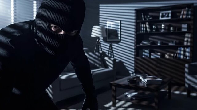 A masked burglar in dark clothing crouches in a dimly lit room. Shadows from blinds create a striped pattern on the walls and furniture.	