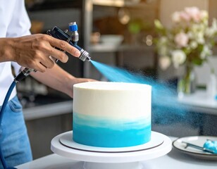 Skilled Baker Decorates White Cake With Blue Airbrush Spray Creating Ombre Effect With Delicate Flowers In Background