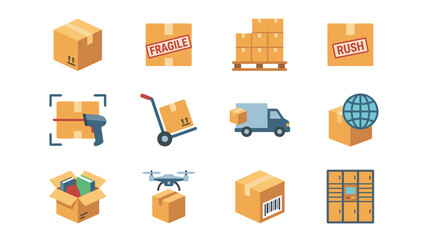 Logistics and delivery icon set. Shipping box cargo package symbols. Flat style distribution. Warehouse freight transportation. Supply chain commerce. Cardboard storage signs. © Saqib GFX
