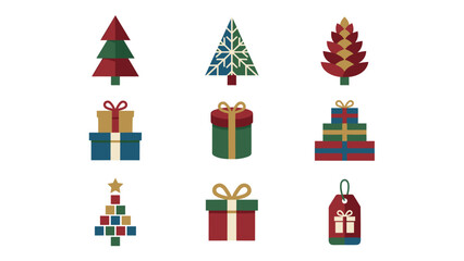 Fototapeta premium Christmas vector icons set. Collection of geometric holiday symbols. Flat design Christmas trees and gift boxes. Modern minimalist winter celebration elements. New Year decoration.