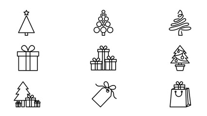 Fototapeta premium Christmas vector icon set. Minimalist line art. 9 winter holiday symbols. Xmas tree, gift box, shopping bag. Simple black outline. Festive celebration. Seasonal graphic elements.