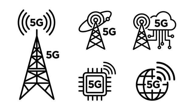 5G network technology vector icon set. Wireless internet connection symbols. Communication tower signal speed data. Global cloud chip processor mobile line art. Digital future web.