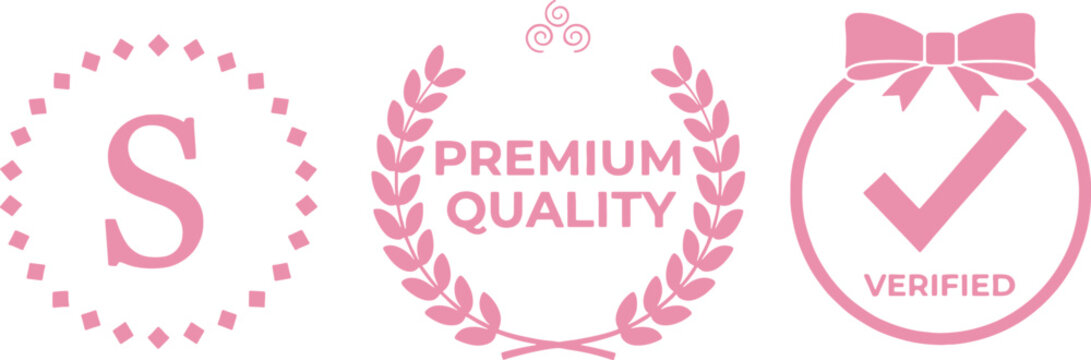 Pink premium quality verification badge and letter S icon set