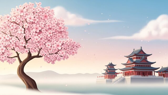 3D single vector illustration of a sakura tree and traditional Chinese castle in a calm spring atmosphere, symbolizing peace, prosperity, and renewal for Chinese New Year.