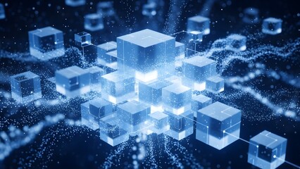 Digital cloud computing and big data structure. Information flow and connectivity. Luminous blue cubes linked by light rays in a high tech environment