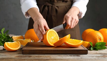Woman Slicing Juicy Orange Fruit on Wooden Cutting Board with Fresh Mint and Rustic Table Surface Natural Lighting