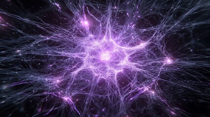 Neural network core glowing with purple light in a digital space full of connections and patterns