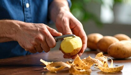 Close Up Of Hands Peeling Golden Potatoes With A Peeler On A Wooden Table With A Shallow Depth Of Field