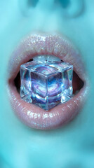 Obraz premium Close up macro shot of female mouth biting transparent ice cube containing blue purple cosmic galaxy nebula stars inside representing fantasy sci-fi art surrealism concept