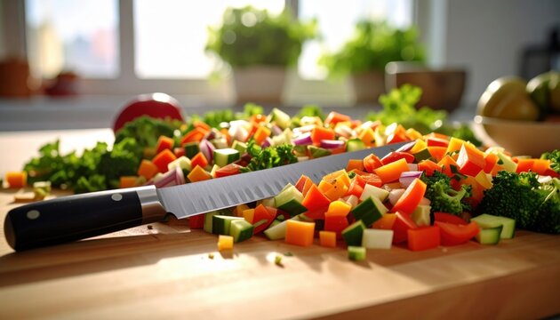 Freshly Chopped Assorted Vegetables on a Wooden Cutting Board with a Serrated Knife bathed in Soft Natural Light Ideal for Healthy Cooking Preparation - Powered by Adobe