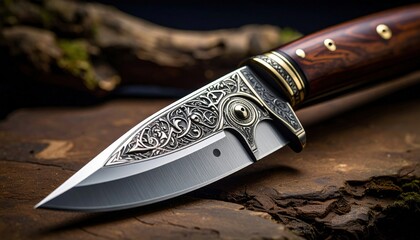 Intricately Engraved Damascus Steel Blade Knife With Rich Wood Handle And Ornate Gold Accents Resting On A Textured Wooden Surface With Mossy Elements And Soft Dramatic Lighting