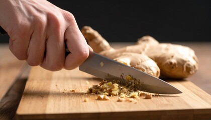 Close Up Of Person Chopping Fresh Ginger Root On Wooden Cutting Board With Knife