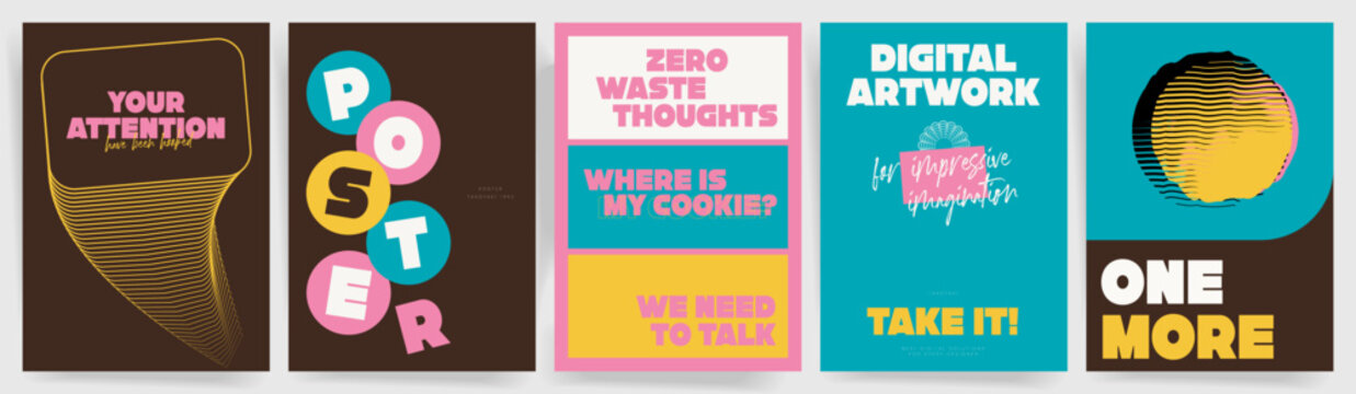 Bold colorful retro typography poster templates with color block shapes, vintage pop art lettering, abstract lines, modern Y2K cover design