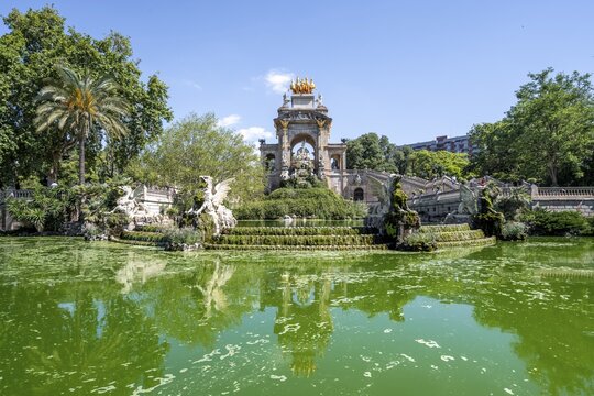 Fountain Font de la Cascada with waterfall and fountain, Parc de la Ciutadella, Barcelona, Catalonia, Spain