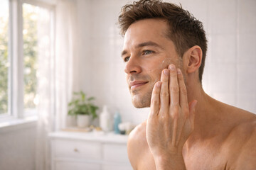 Young man applying skincare product in bright bathroom setting