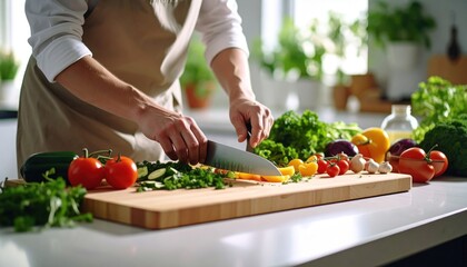 Person Wearing Apron Chopping Fresh Vegetables On Wooden Board In Bright Kitchen With Natural Light