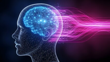 Artificial intelligence and human brain neural network. Machine learning and cognitive science. Silhouette of a human head with a glowing digital brain and data streaming behind