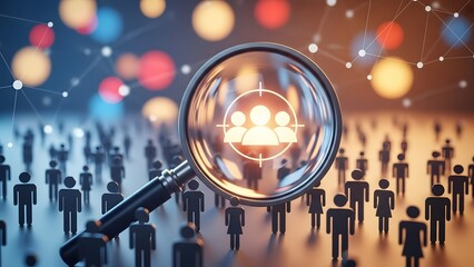 Target audience marketing and consumer research. Human resources and recruitment search. Magnifying glass focusing on a glowing group icon among a crowd of people silhouettes