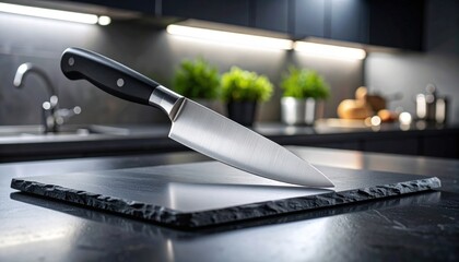 Sharp Serrated Chef Knife Resting on Wet Slate Cutting Board in Modern Kitchen With Subtle Ambient Lighting and Green Plants