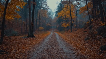 Fototapeta premium Autumnal forest path in misty weather
