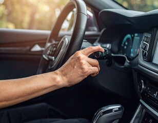 Elderly Hand Adjusting Turn Signal Lever on Steering Wheel Inside Modern Car Interior with Soft Natural Sunlight Glare