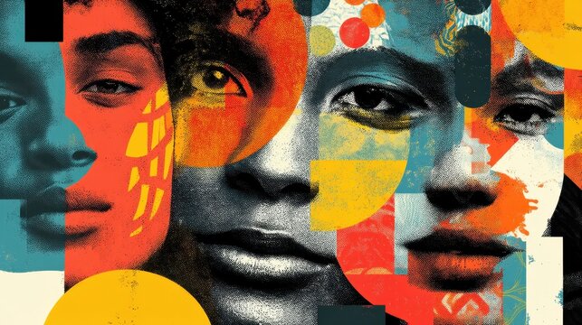 Abstract faces collage featuring diverse youth with vibrant colors and patterns.