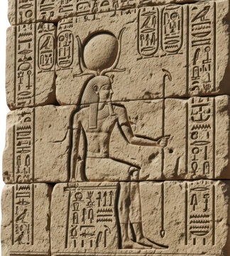 Ancient Egyptian relief carving of a deity with a sun disk and uraeus headdress holding a crook and flail with hieroglyphic inscriptions on stone hieroglyphics god goddess transparent background