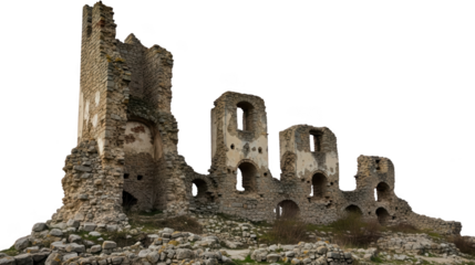 Ancient stone castle ruins with crumbling walls and arched windows evoking a sense of history and decay architecture historical medieval weathered broken heritage old textured transparent background